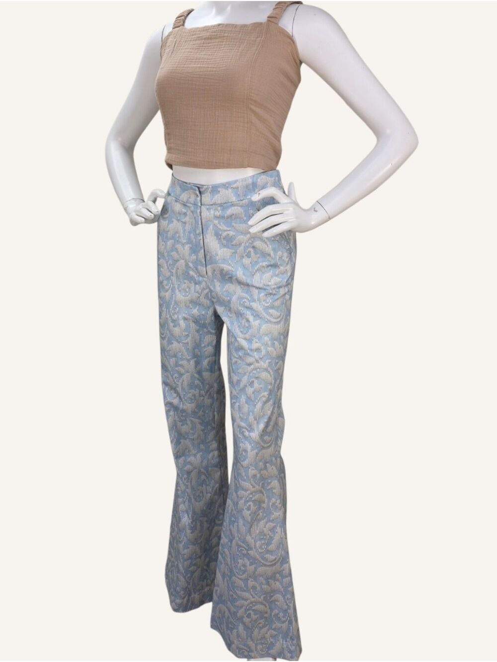 Hilary MacMillan Jacquard Fit & Flare Pants Blue Ivory Small NWT Made In Canada - Picture 2 of 12